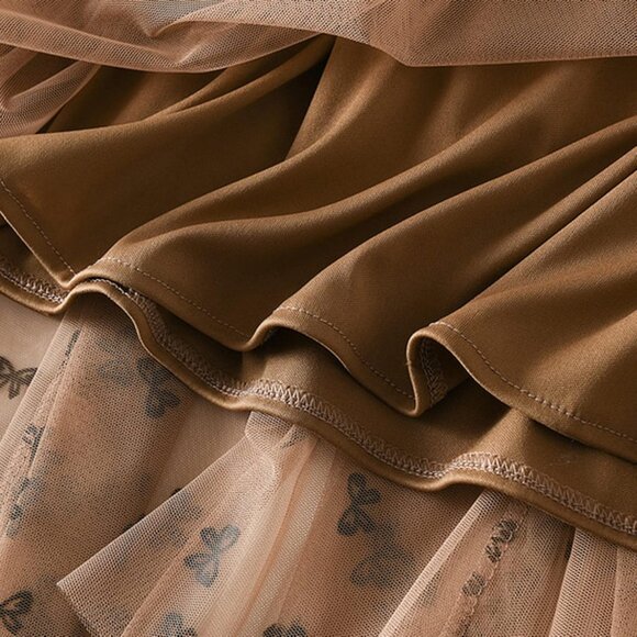 Whimsical Women's A-Line Tulle Midi Skirt with Fairy Pattern - Bowknot Khaki - Picture 4 of 5